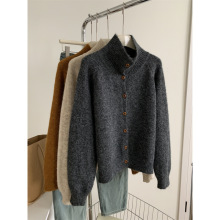 极简韩风慵懒软糯羊毛针织外套女气质高领排扣毛衣开衫秋冬上衣潮