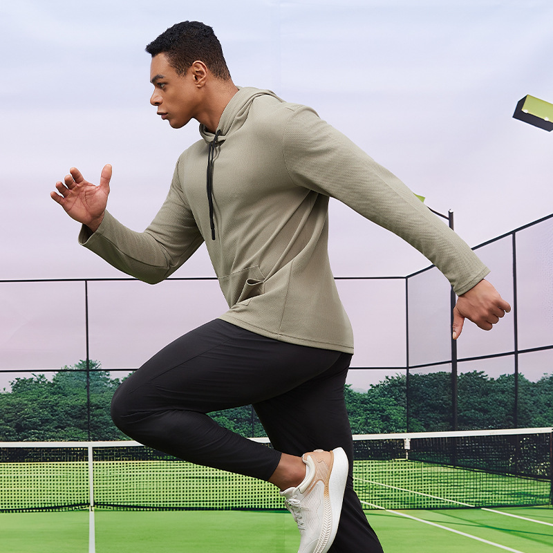 Transfronterizo al aire libre sudadera con capuchón otoño invierno entrenamiento de carrera sudadera de fitness hombre cuello alto secado rápido mangas largas bolsillo canguro