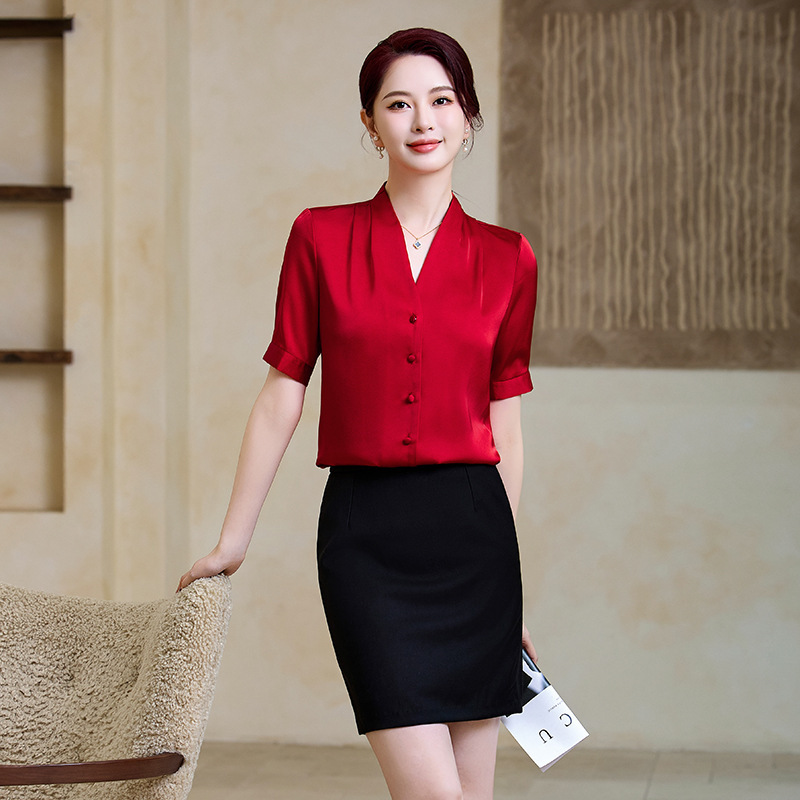 Summer Short-Sleeved Shirt for Women, Satin V Neck Red Draped Acetate Satin Work Clothing Professional White Shirt Workplace Inner Wear Summer Short-Sleeved Shirt for Women, Satin V Neck Red Draped Acetate Satin Work Clothing Professional White Shirt Workplace Inner Wear