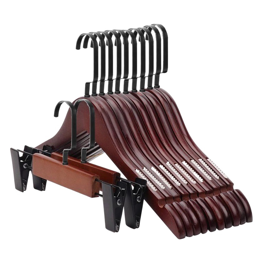 Percha de ropa de madera maciza tienda de ropa especial antideslizante flocado percha de ropa pantalones de madera clip de rack al por mayor Logotipo de letras