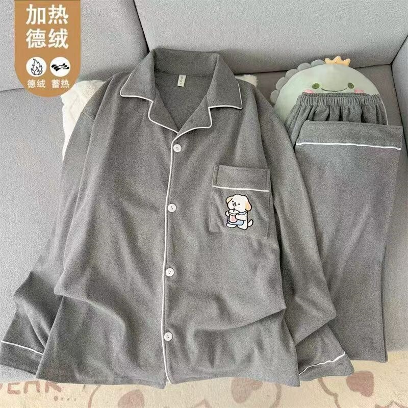 Men's pajamas made of ribbed thermal fabric for autumn and winter, warm cardigan with a turn-down collar, cartoon design, can be worn outside, long-sleeved home wear set