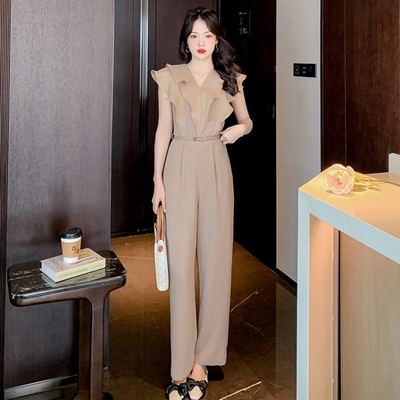 Real shot 2022 summer new pattern V-neck Lotus leaf Ladies temperament fashion Jumpsuits belt