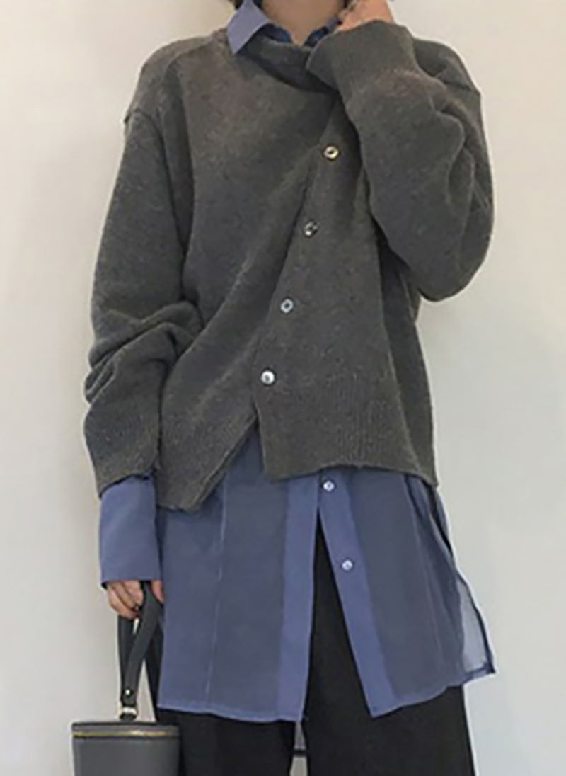 Cardigan in maglia con scollo rotondo, stile coreano, con bottoni diagonali, design irregolare, da donna, primavera_voghion.com