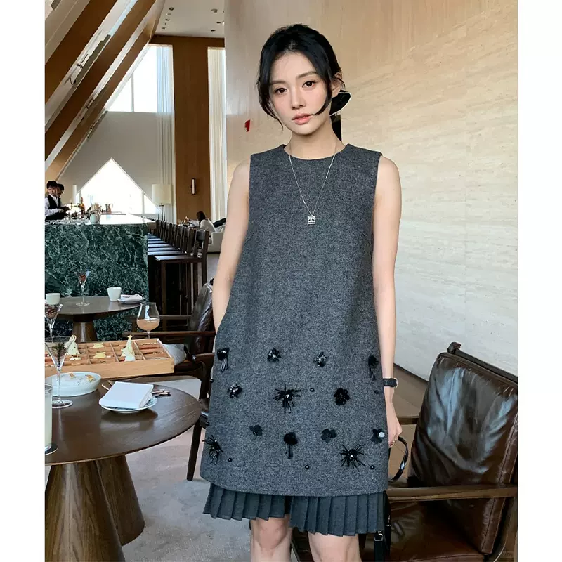 连衣裙羊毛混纺灰色无袖背心裙子拼接设计感连衣裙女夏高级感