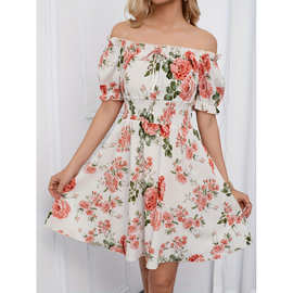 Vintage Floral Off Shoulder Dress Puff Sleeve Mini Dress Wom