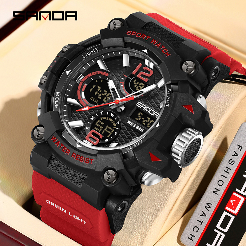 SANDA nuevo reloj de pulsera juvenil transparente al aire libre cool doble reloj de pantalla hombre impermeable luz nocturna reloj electrónico