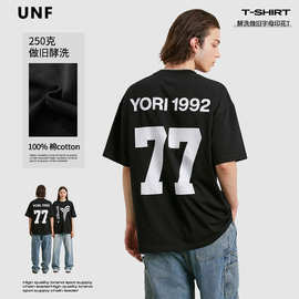 UNF 250克酵洗美式复古字母印花T恤春夏新款宽松潮牌上衣情同侣款
