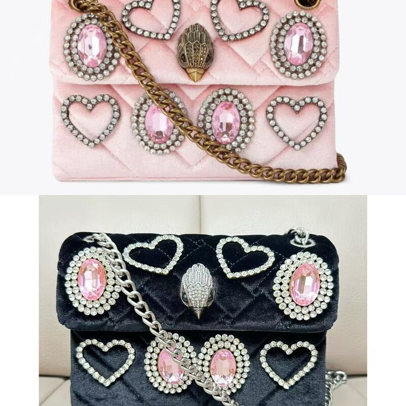 Velvet Rhinestone Heart-Shaped Kurt Geiger Cross-Border Eagle Head Bag, Chanel-Style Chain Bag, Evening Shoulder Crossbody Bag