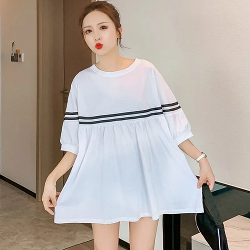 Relaxed Plus Size Summer Women's Casual Fashion Korean Style Loose Slimming Short Sleeve Dress