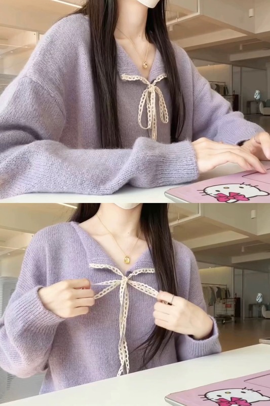 韩系甜美风软糯蝴蝶结蕾丝系带领毛衣开衫女秋冬款高级感软糯小衫|undefined