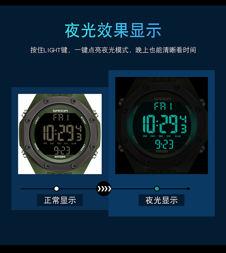 三达新品单显电子手表冷光数字手表简约多功能防水户外运动电子表详情10