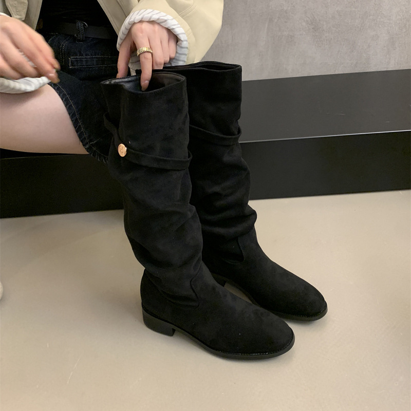 绒面瘦瘦靴卡其色堆堆骑士靴女2025新款秋冬季显瘦高筒粗跟长靴子|undefined