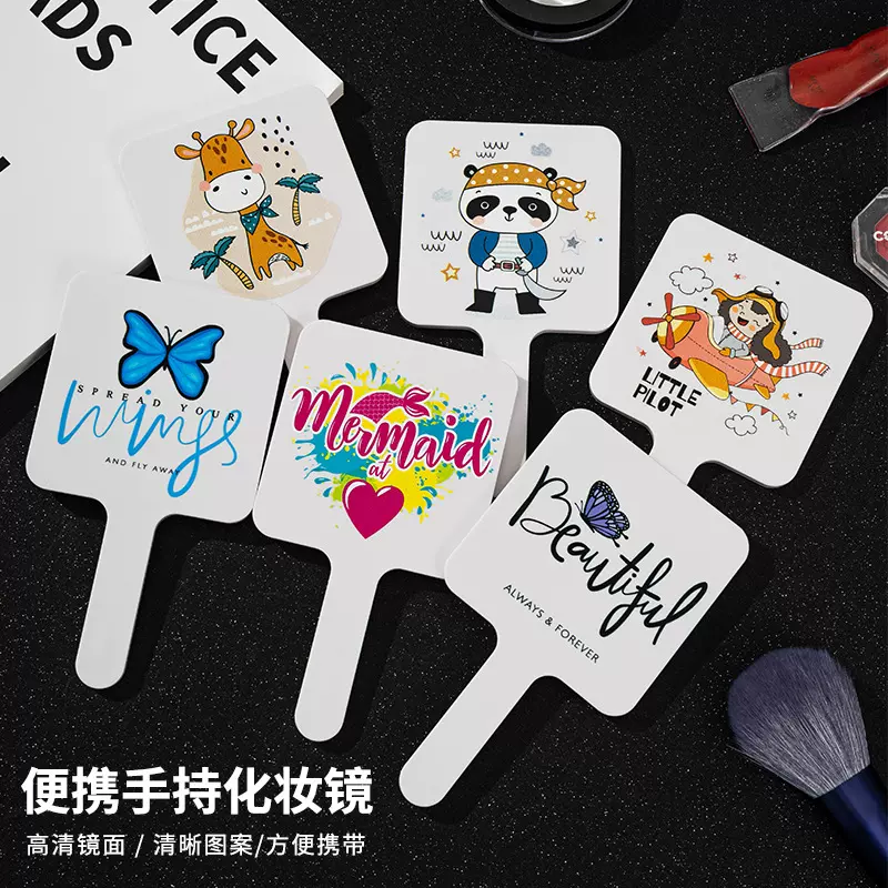 简约印花小方镜高清镜面化妆镜随身便携卡通印刷手柄镜女生补妆镜