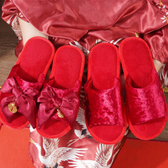 Round Head Wedding Slippers Half Pack Festive Couple Red Pair Wedding Celebration Indoor New Couple Barefoot Cotton Slippers