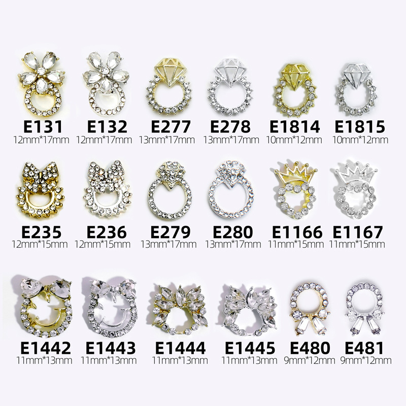 Light Luxury Cross-Border Popular Crown Alloy Rhinestone Nail Art Jewelry 3D Stereo Metal Cut Out Diamond Ring Nail Art Diamond