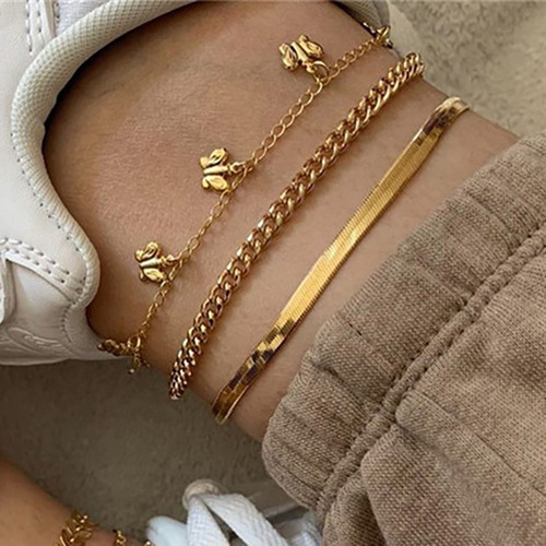 New Layered Chain Butterfly Pendant Ankle Chain, European and American Creative Alloy Metal Ankle Chain Set, Instagram Style