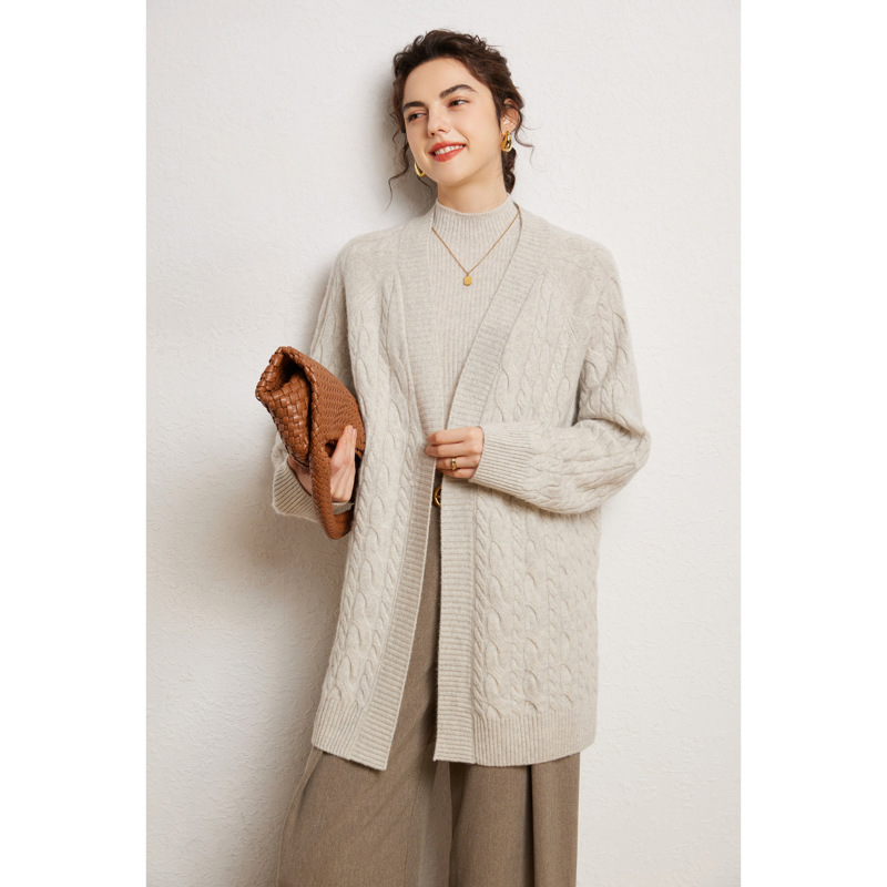 Wholesale 24 autumn and winter new cashmere high-end padded V-neck knitted cardigan twisted loose solid color mid-length