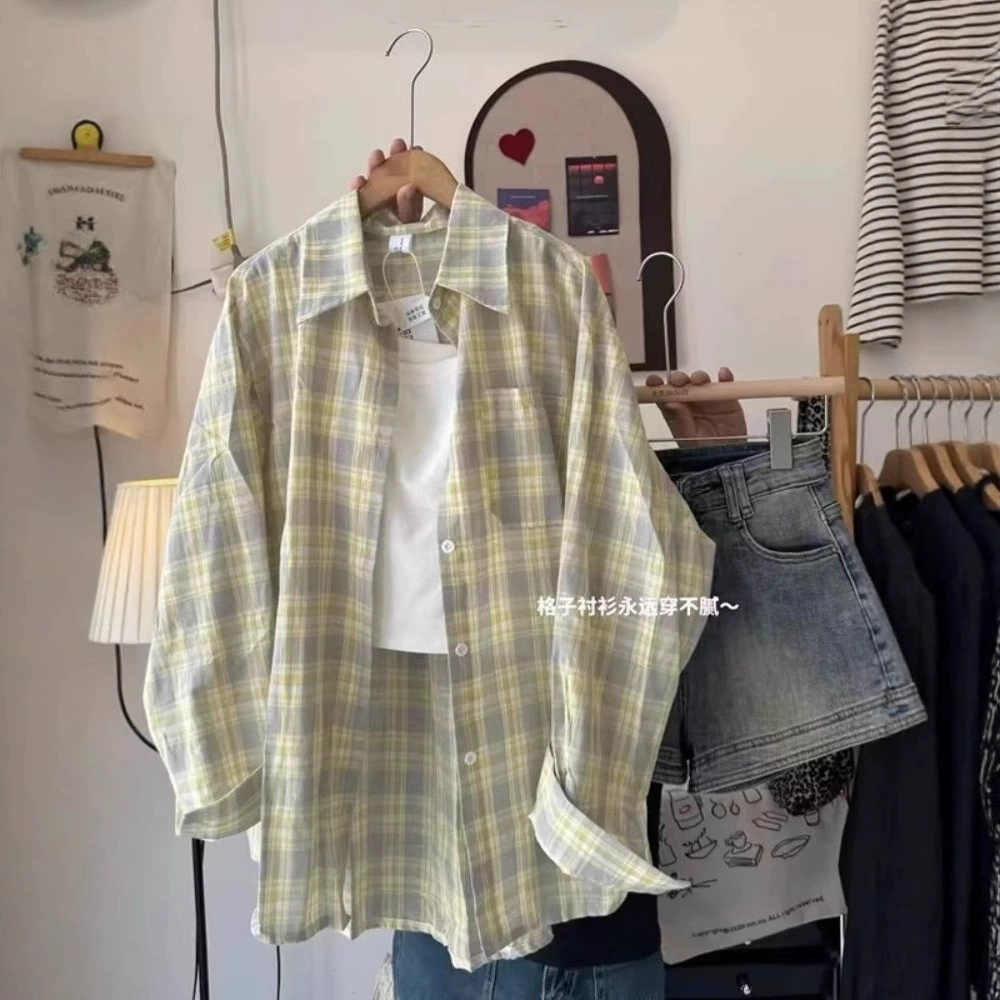 Лесно-зеленая клетчатая рубашка для женщин ранней осени, повседневная рубашка средней длины в ленивом стиле, закрывающая тело, топ с длинными рукавами