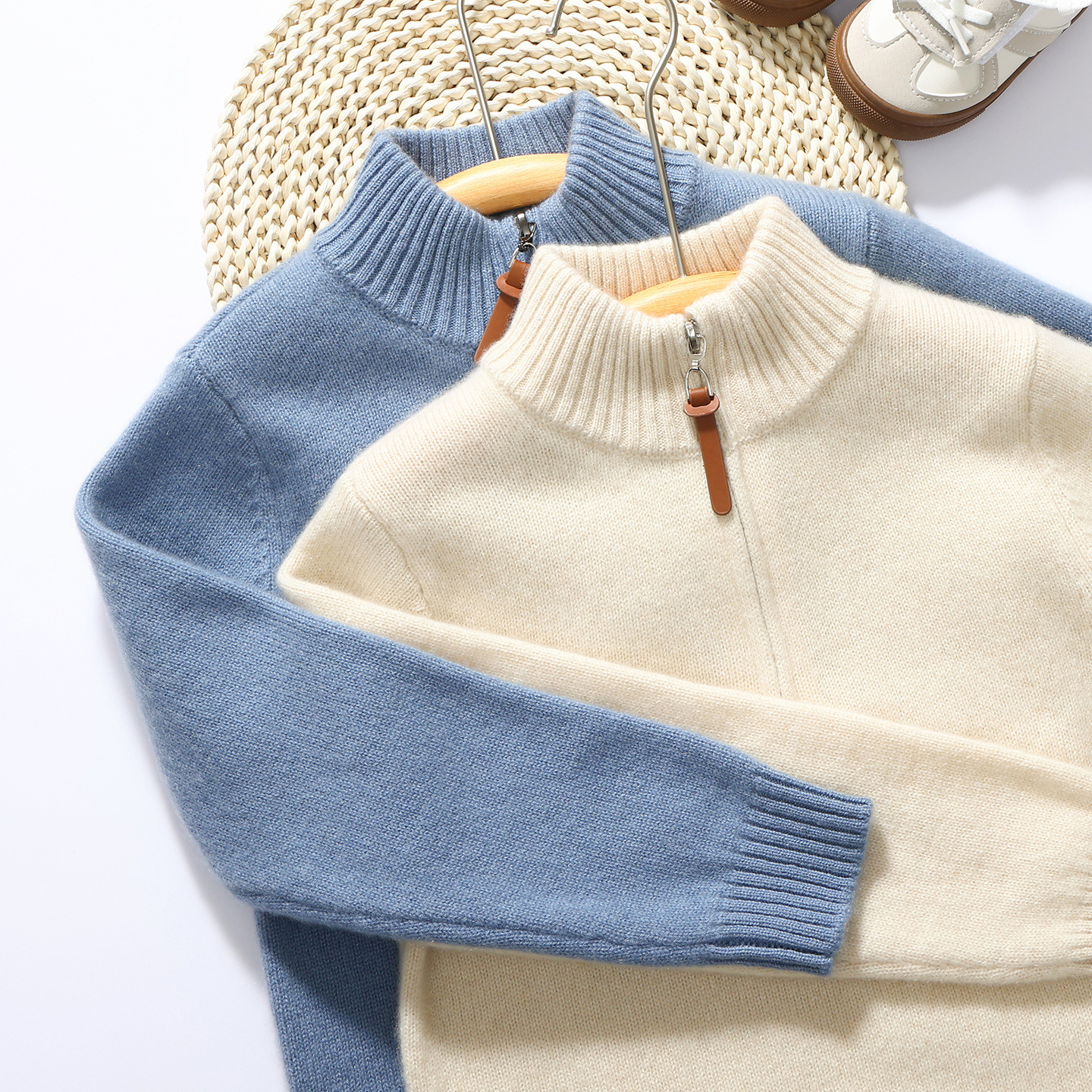 New autumn/winter children's half-zip stand collar 100% pure cashmere knit sweater, solid color, thickened base layer sweater for boys and girls.