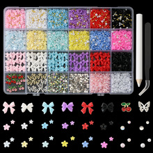 跨境美甲饰品飘带蝴蝶结小花樱桃草莓合金蝴蝶混装diy饰品材料盒