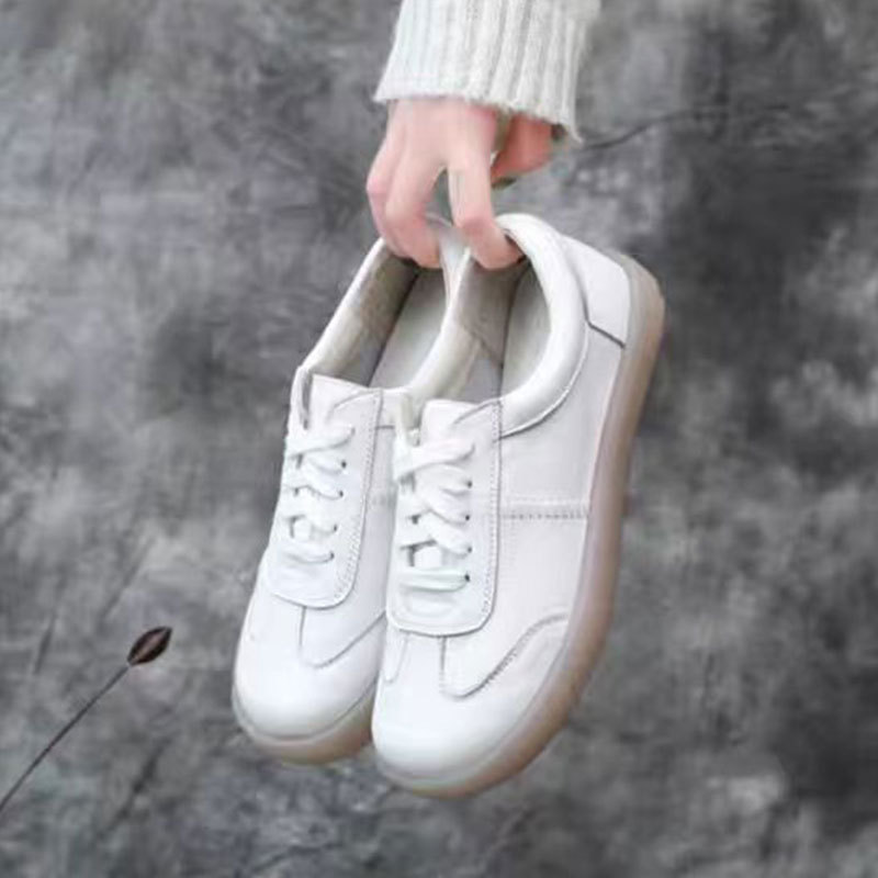 Flat 2024 Summer Genuine Leather Hot Beef Tendon Soft Bottom All-match Casual Ins White Shoes Women's Fashion Retro Trendy Shoes