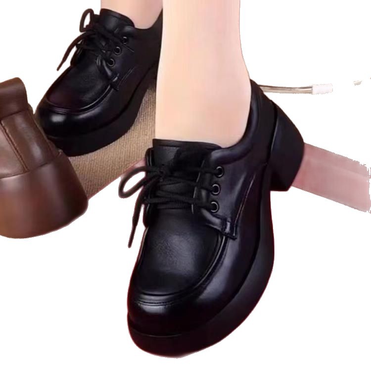 Zapatos individuales de cuero suave puro, boca profunda, tacones gruesos para mujer, tacones gruesos, suela gruesa ligera, zapatos de cuero de estilo británico con cordones, zapatos de cuero negro de todo fósforo