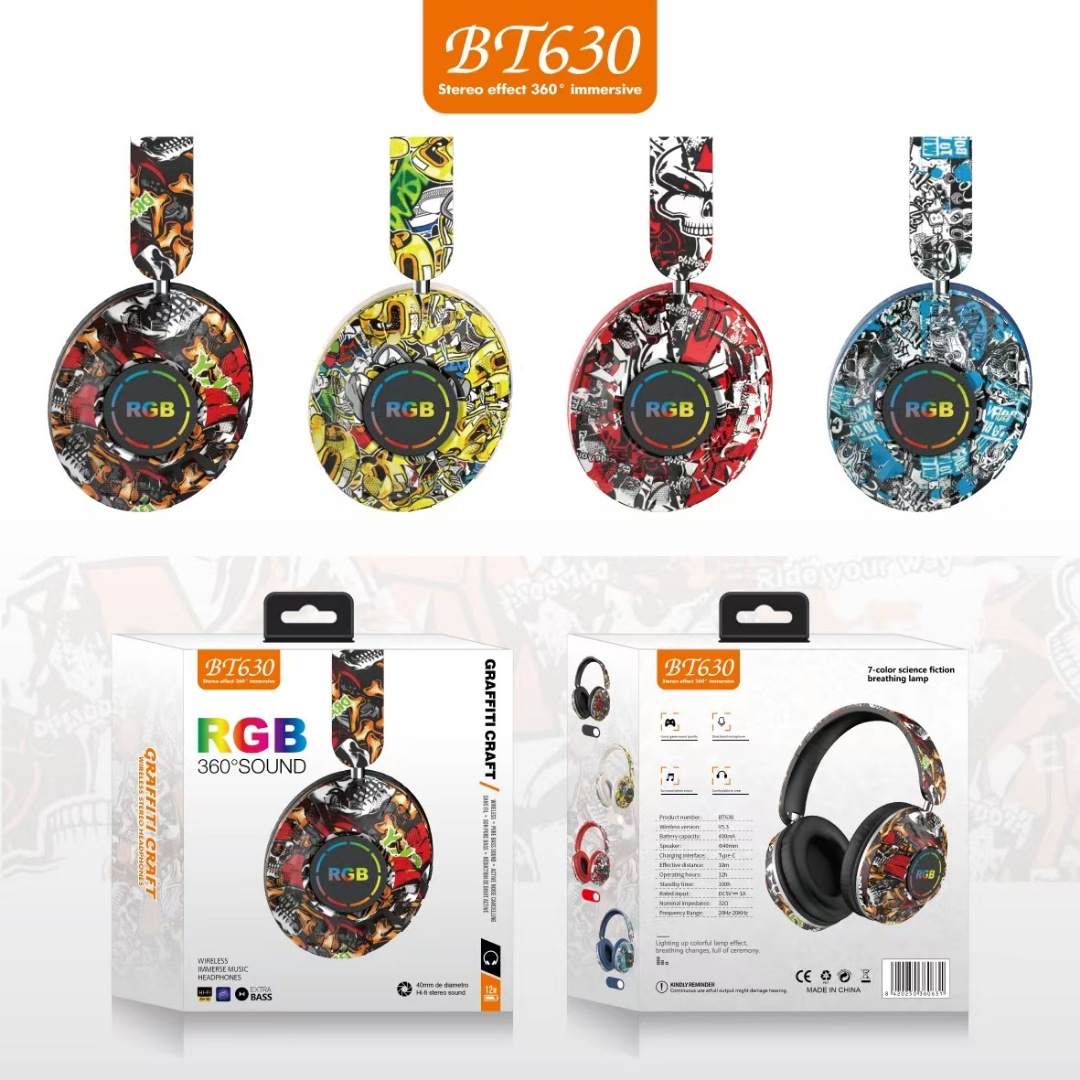 BT630 auriculares Bluetooth de estilo caliente auriculares inalámbricos marea nacional graffiti nuevo deporte de música estéreo luminoso