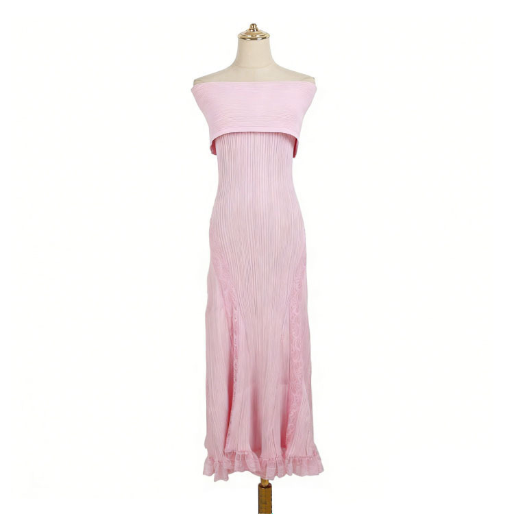 Summer Style One-Shoulder Knitted Dress with Lace Trim on the Side, Slim Fit, Bodycon, Pleated Long Dress for Ladies Summer Style One-Shoulder Knitted Dress with Lace Trim on the Side, Slim Fit, Bodycon, Pleated Long Dress for Ladies