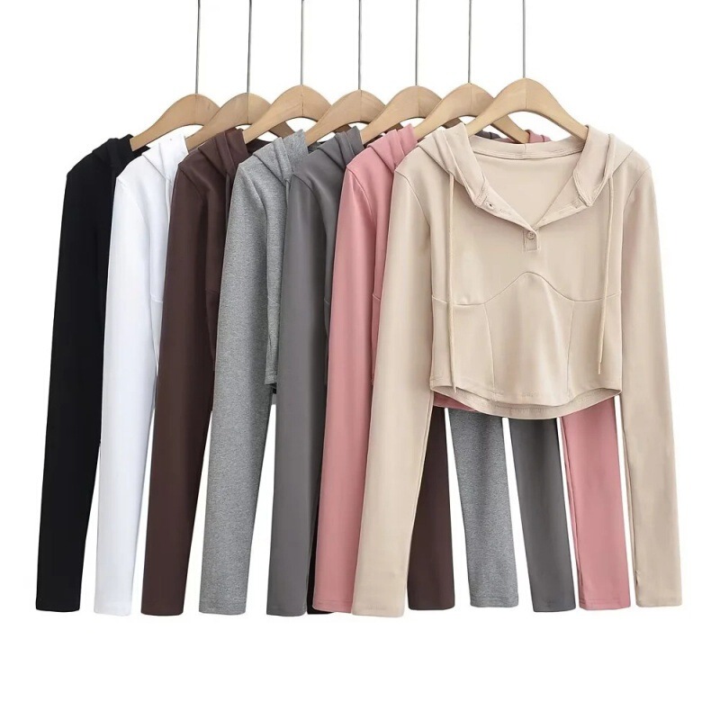 European and American Early Spring New Drawstring Lace-up Sports Yoga Hooded Spring Slim-fit Slimming Curved Irregular High Waist Top