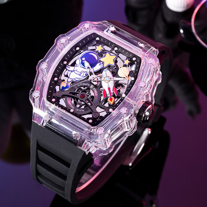 Bozlun Fully Automatic Mechanical Watch Astronaut Transparent Case Double-Sided Cut Out Barrel Men's Watch