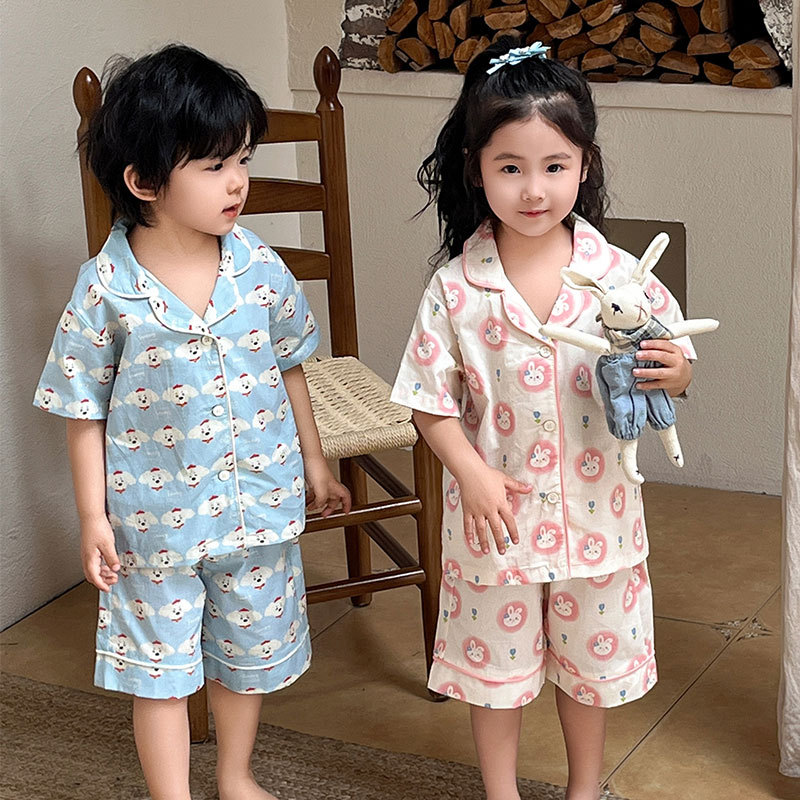 Children's 100 Cotton Pajamas Summer Short-sleeved Shorts Two-piece Set for Boys and Girls Baby Breathable Air Conditioning Home Clothes