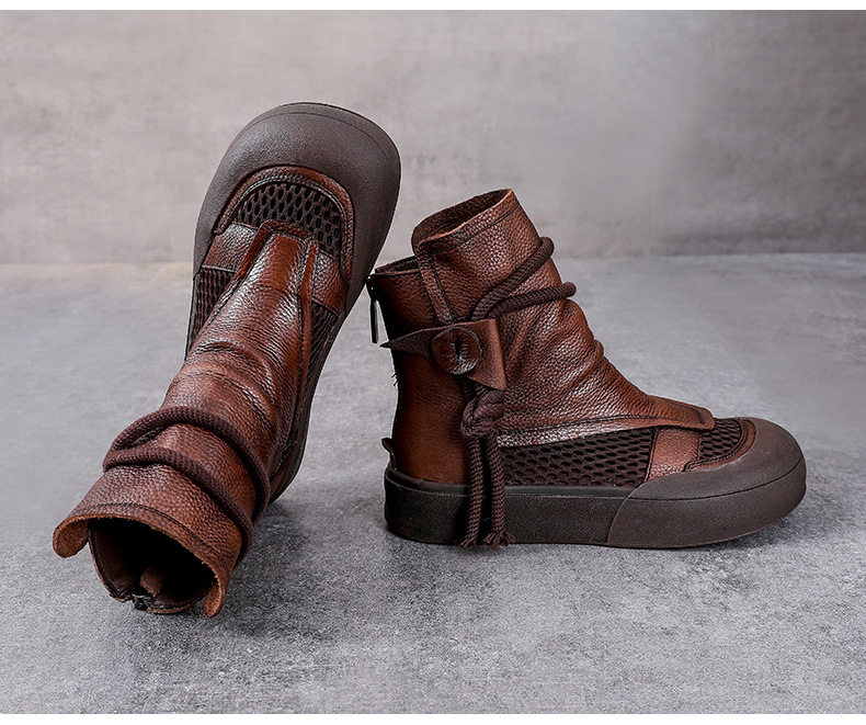 Boot Martin lưới mùa hè da bò thật cổ cao ôm bắp chân — Màu nâu chi tiết 14