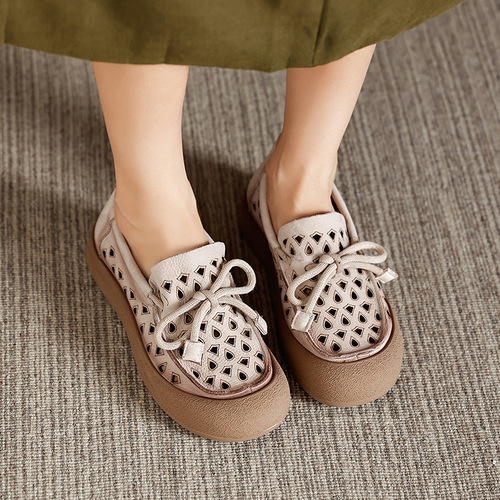 2025 Summer Genuine Leather Simple Flat Slip-On Retro Lacing Hole Open Toe Breathable Single Shoes