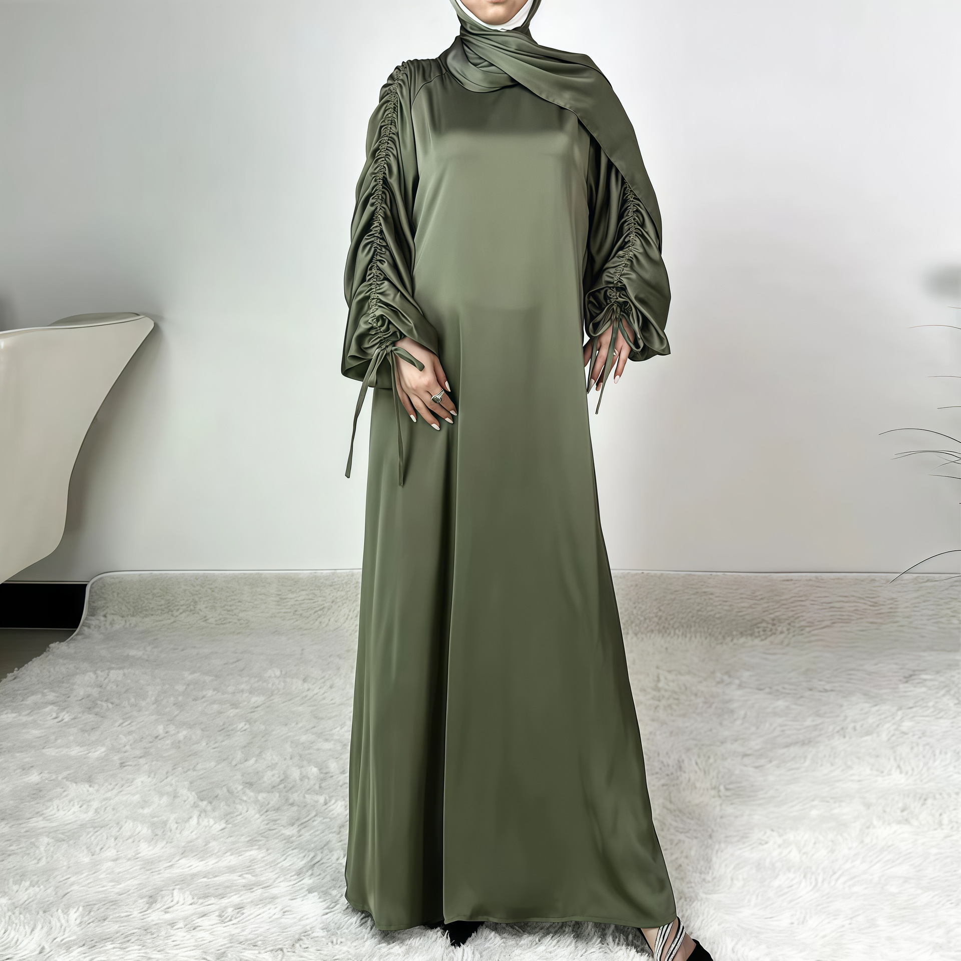 Robe abaya modeste et ensemble foulard avec plis à cordon et manches lanternes._voghion.com