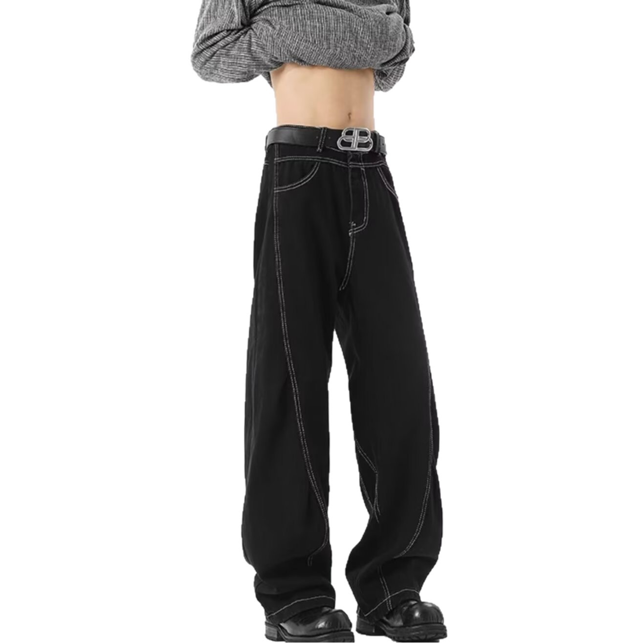 Texturas estadounidenses negras jeans de pierna ancha de edición estrecha para hombres 2025 principios de otoño delgado de diseño de cintura alta sensación de chandeliers rectos