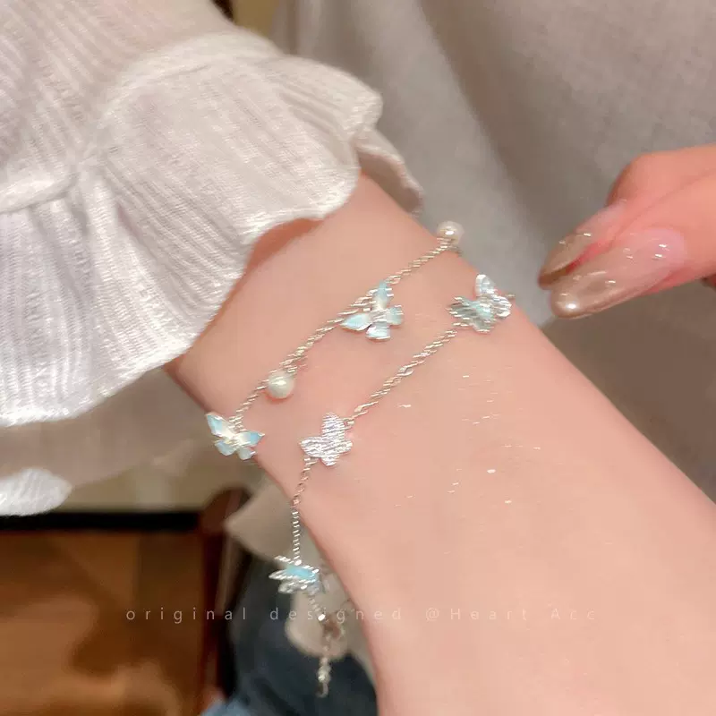 薄荷蓝蝴蝶珍珠手链女时尚高级感甜美精致手饰夏日小清新百搭配饰