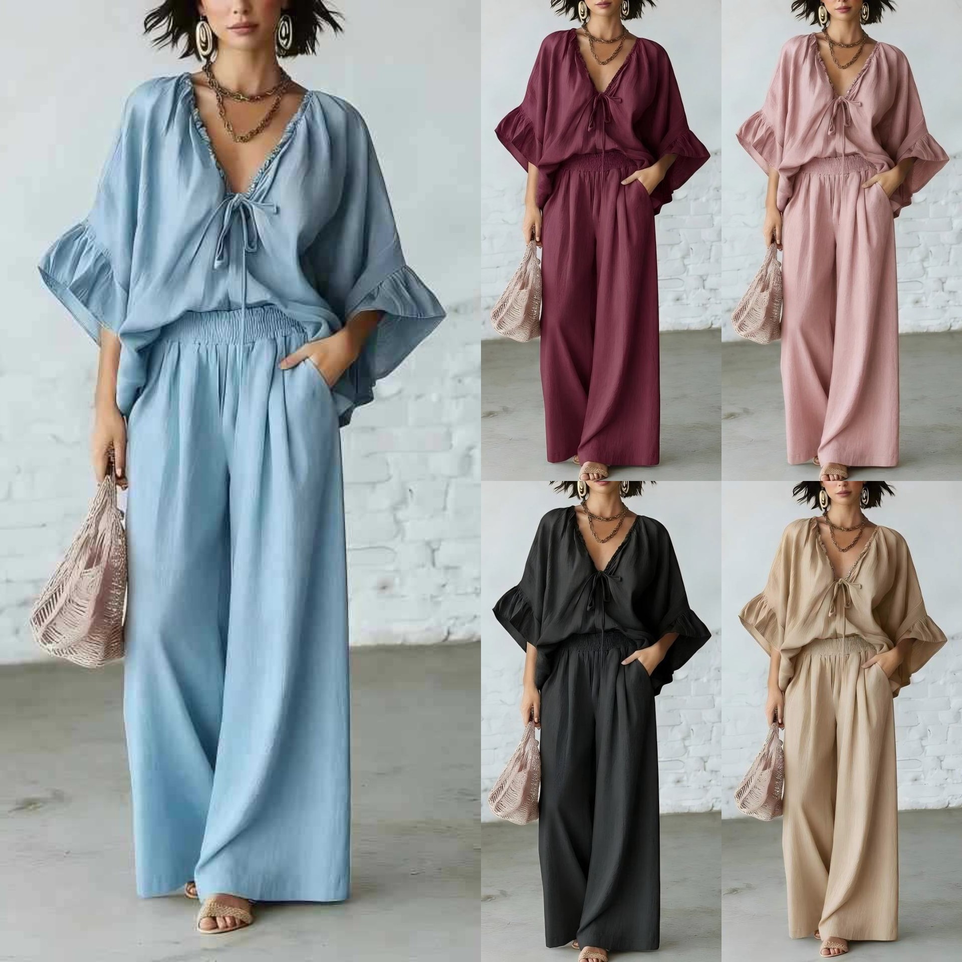 European and American Cross-Border Amazon Independent Site 2026 Summer New Fashion Casual Pants Loose Elegant Set