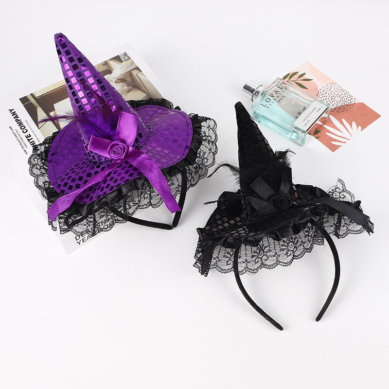 Decoración de Halloween encaje de sequillas sombrero de bruja banda de cabello de bruja fiesta mágica sombrero banda de cabello maquillaje baile