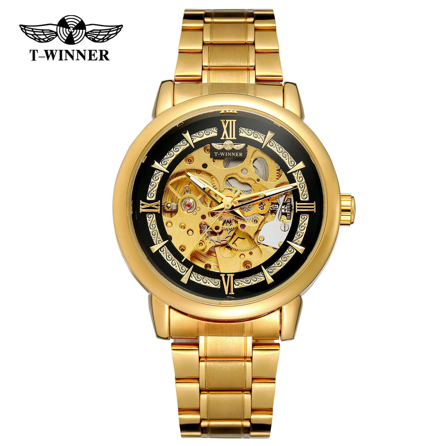 T-ganador nuevo estilo europeo y americano de moda de los hombres reloj mecánico automático reloj hueco-fuera transparente Fondo tallado literal