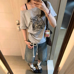 美式复古斜肩纯棉短袖t恤女夏2025新款慵懒风休闲辣妹宽松上衣ins