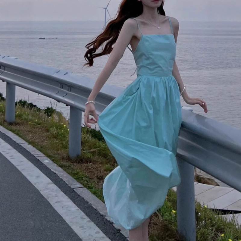 Pleated Simple Sleeveless Skirt Design Sexy Exposed Back Strap Suspender Casual Versatile Long Skirt Summer