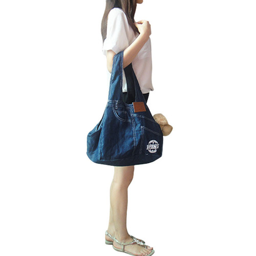 Dog-Head Revealing Foldable Pet Handbag, European and American Leisure Breathable Outdoors Portable Denim Pet Shoulder Bag