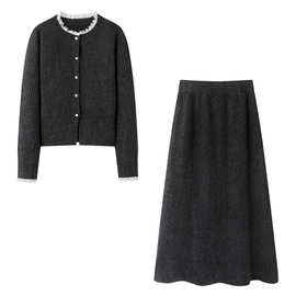 35NW-2300针织衫长裙套装2025秋冬新款温柔风木耳领毛衣长裙两件