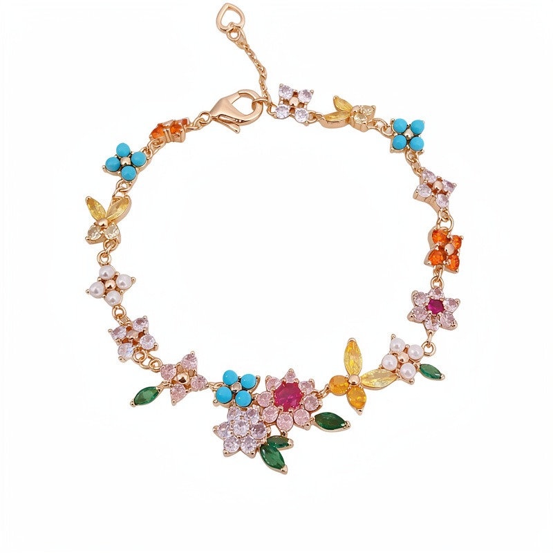 18 quilates de oro real pulsera de flores de perlas de piedra de diamante vacaciones de verano en la playa pulsera de viento dulce joyería versátil