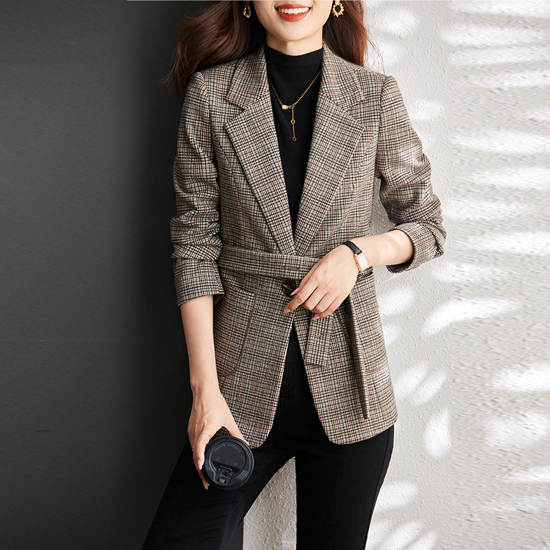 Plaid Suit Jacket Women's Autumn and Winter Design Sense Mid-length Professional Wear Temperament Host Work Clothes Suit