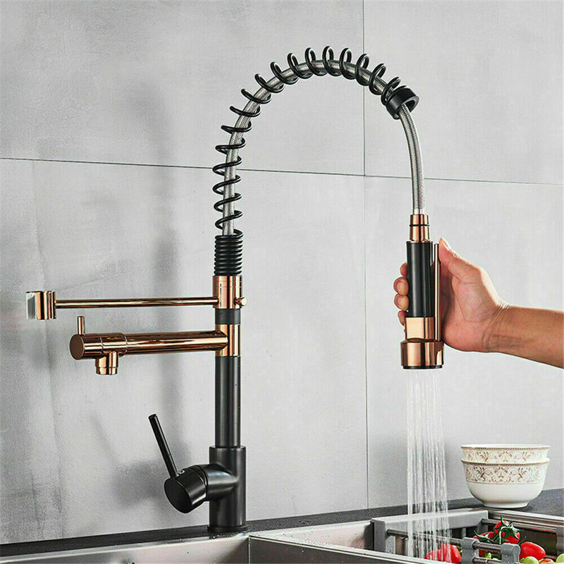Black gold Tuhao gold Spring kitchen faucet 360 degree rotating sink rotating pull-out type two-outlet faucet