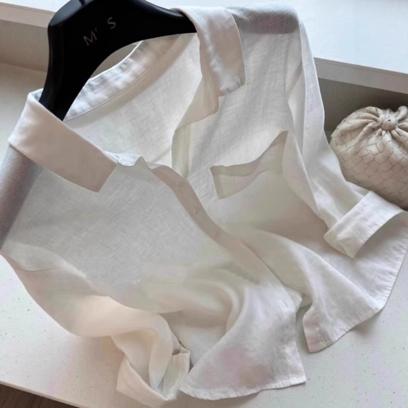 白色亚麻长袖衬衫女夏季穿搭设计感薄款宽松显瘦防晒开衫外套上衣|undefined