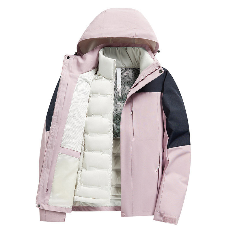 Plumón al aire libre tres en uno desmontable a prueba de viento impermeable viaje traje de montaña chaqueta para hombres y mujeres al aire libre image 13