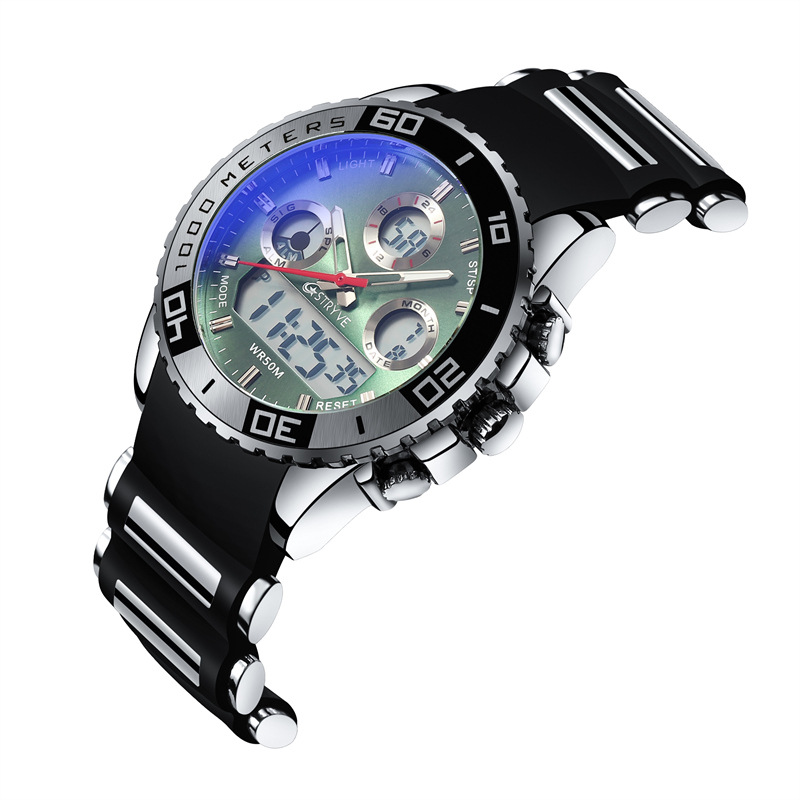 Stryve hombres de doble pantalla deportes impermeable reloj electrónico cuarzo calendario cuarzo reloj luminoso s8023