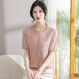 中老年女装圆领针织衫冰丝短袖T恤大码宽松妈妈装夏季假开衫上衣，女装针织衫/毛衣，妃慕昵服饰